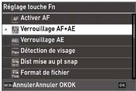 Réglage touche Fn AF Activer AF • Verrouillage AF+AE AE Verrouillage AE Détection de visage Snap Dist mise au pt snap Format de fichier AnnulerAnnuler OKOK