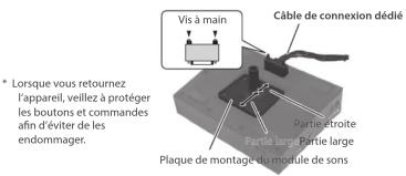 Vis à main Câble de connexion dédié * Lorsque vous retournez l'appareil, veillez à protéger les boutons et commandes afin d'éviter de les endommager. Partie e troite Partie large Partie large Plaque de montage du module de sons