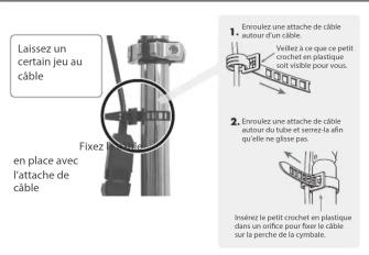 Laissez un certain jeu au câble Fixez en place avec l'attache de câble 1. Enroulez une attache de câble autour d'un câble. 2. Enroulez une attache de câble autour du câble sevrée la afin qu'elle ne glisse pas. 3. Enroulez le petit crochet en plastique dans un infette pour ferre le câble sur la perche de la cymbale.