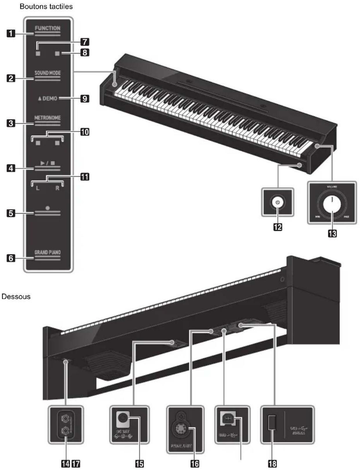 CASIO Celviano AP-S190 - Noms et fonctions des éléments - 1