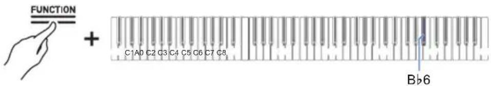 CASIO Celviano AP-S190 - Tout en maintainant enforcé le bouton « FUNCTION», appuyez sur la touche B6 (Luminosité des boutons tactiles). - 1