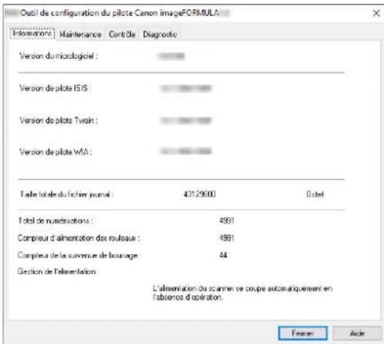 Outcl de configuration du pilote Canon imageFORMULA [Informations] Maintenance Controle Diagnostic Version du micrologiciel : Version de pilote ISIS : Version de pilote Twain : Version de pilote WMA : Taille total de du fichier journal : 43129000 0 d'et Total de numérations : 4991 Completur d'alimentation des rouleaux : 4991 Completur de la survenue de bourage : 44 Gestion de l'alimentation : L'alimentation du scanner se coupe automatiquement en l'absence d'opération. Famer Aide