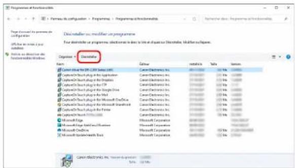 CANON imageFORMULA DR-C340 - Dans la liste de programmes, sélectionnez l'application à supprimer et cliquez sur [Désinstaller]. - 1