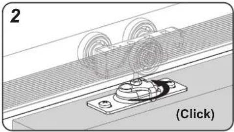 Vevor YMXT-XC40-4B - Hang Door on front leg of track first. Slide pivot pin of hanger into socket and lock into place with clip. Check for smooth travel. - 2
