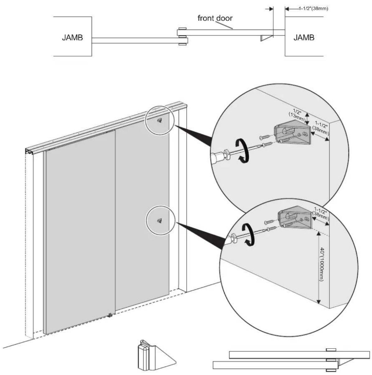 Vevor YMXT-XC40-4B - Install Bottom Guide: Slide both doors to side jamb. Place guide between doors and position to plumb, fasten to floor with screws. - 5