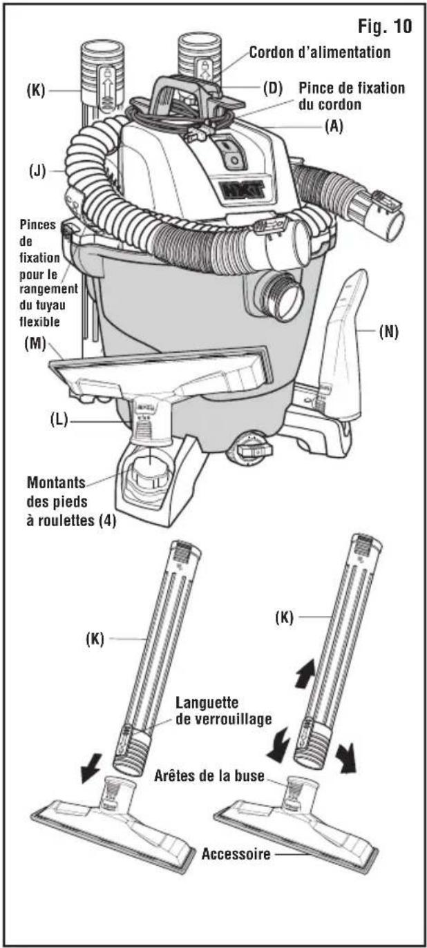Fig. 10 Cordon d'alimentation (D) Pince de fixation du cordon (A) (K) (J) Pinces de fixation pour le rangement du tuyau flexible (M) (N) (L) Montants des pieds à roulettes (4) (K) Languette de verrouillage Arêtes de la buse (A) (K) Accessoire