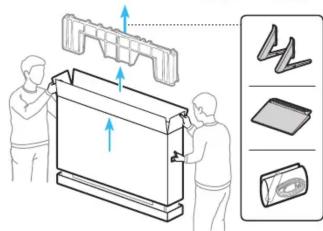 Diagram illustrating a mechanical assembly process with two workers and a magnified view of components like a battery, switch, and detector.
