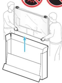 Diagram showing two people installing a large panel with an arrow indicating direction, likely illustrating a mechanical or electrical assembly.