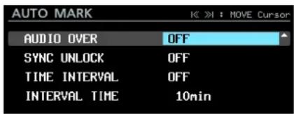 AUTO MARK AUDIO OVER OFF SYNC UNLOCK OFF TIME INTERVAL OFF INTERVAL TIME 10min