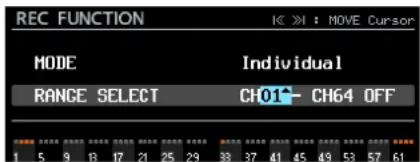 REC FUNCTION K > K : MOVE Cursor MODE Individual RANGE SELECT CH01- CH64 OFF 1 5 9 13 17 21 25 29 33 37 41 45 49 53 57 61