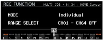 REC FUNCTION MULTI JOG / KK >1 : MOVE Cursor MODE Individual RANGE SELECT CH01 - CH64 OFF 33