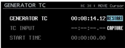 GENERATOR TC 1K 3X : MOVE Cursor GENERATOR TC 00:08:14.12 RESTART TC INPUT --:--:--.-- CAPTURE START TIME 00:00:00.00