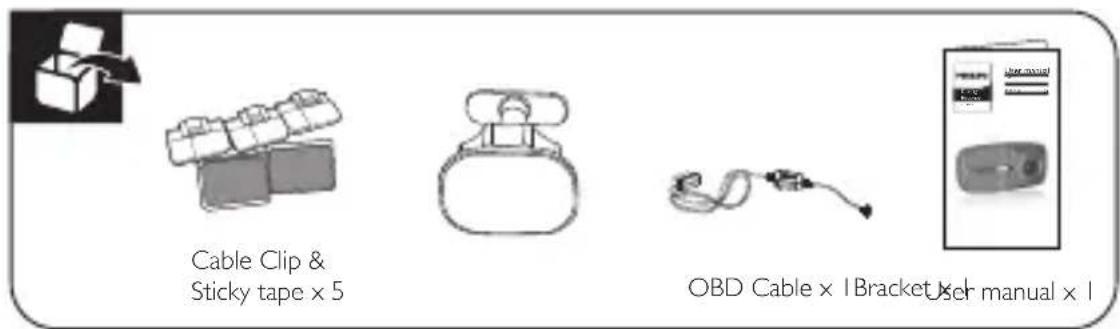 Cable Clip & Sticky tape × 5 OBD Cable × | Bracket User manual × |