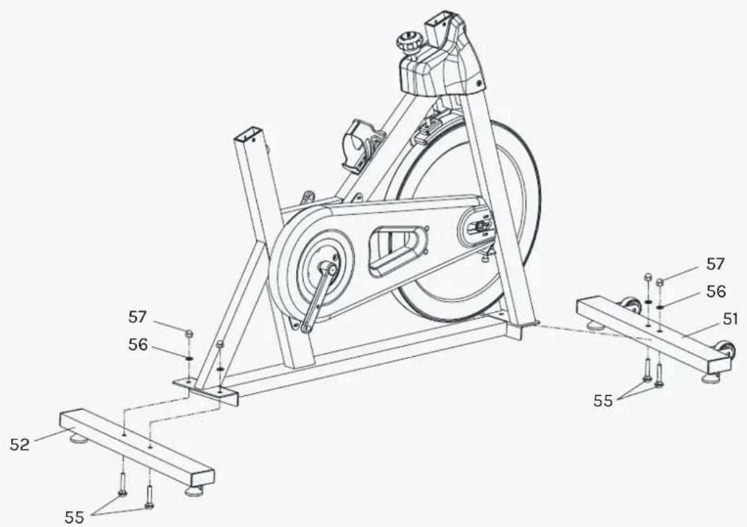 Technical diagram of a stationary exercise machine with labeled components and structural details