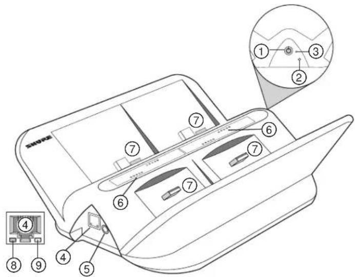 Technical diagram of a device interior with numbered components and labeled parts, including a zoomed-in view.