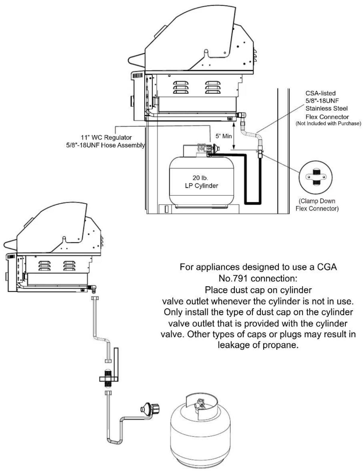 11" WC Regulator 5/8"-18UNF Hose Assembly 5" Min CSA-listed 5/8"-18UNF Stainless Steel Flex Connector (Not Included with Purchase) 20 lb. LP Cylinder (Clamp Down Flex Connector) For appliances designed to use a CGA No.791 connection: Place dust cap on cylinder valve outlet whenever the cylinder is not in use. Only install the type of dust cap on the cylinder valve outlet that is provided with the cylinder valve. Other types of caps or plugs may result in leakage of propane.