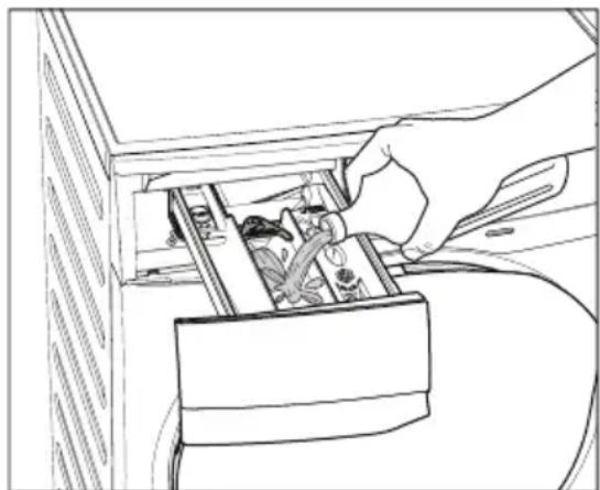 Line drawing of a hand inserting cables into an open device (no text or symbols visible)