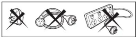 Three black cross symbols on white background: a hand holding a device, a plug with cable, and a plug with plug socket (no text or labels)