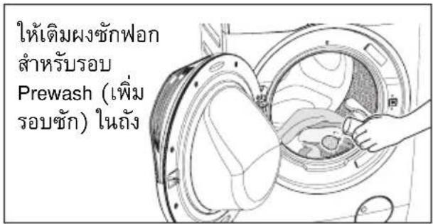 ให้เติมผงชักฟอก สำหรับรอบ Prewash (เพิ่ม รอบชัก) ในถัง