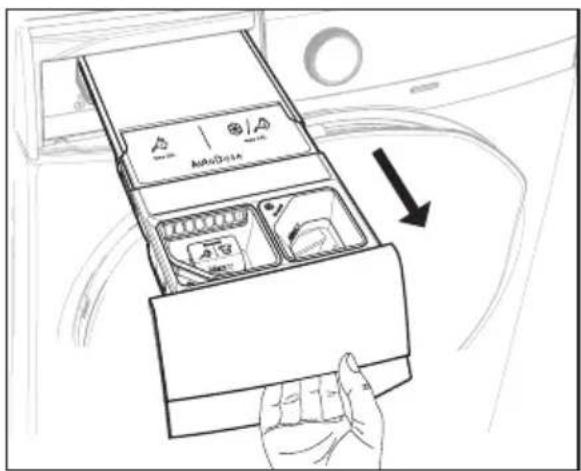 Diagram showing a hand inserting a device into a drawer with labeled icons and a directional arrow indicating movement.