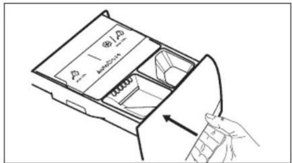 Diagram showing a hand inserting a component into a drawer with labeled parts and directional arrow