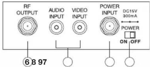 RF OUTPUT AUDIO INPUT VIDEO INPUT POWER INPUT DC15V 300mA POWER ON OFF 6 8 97