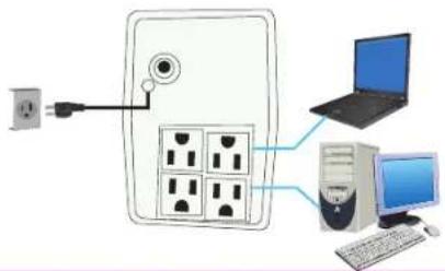 Diagram showing connections between a power outlet, switch, laptop, tower, and computer with labeled ports