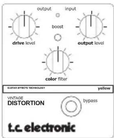 output input boost drive level output level color filter GUITAR EFFECTS TECHNOLOGY yellow VINTAGE DISTORTION bypass t.c. electronic