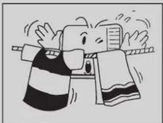 Cartoon illustration of a person washing clothes on a rope, no text or symbols present