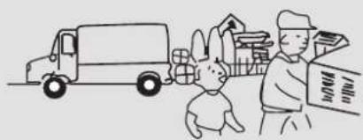 Illustration of a delivery person handing packages to a child, with a truck and boxes in the background (no text or symbols)