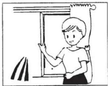 Simple line drawing of a person standing near a window with curtains (no text or symbols)