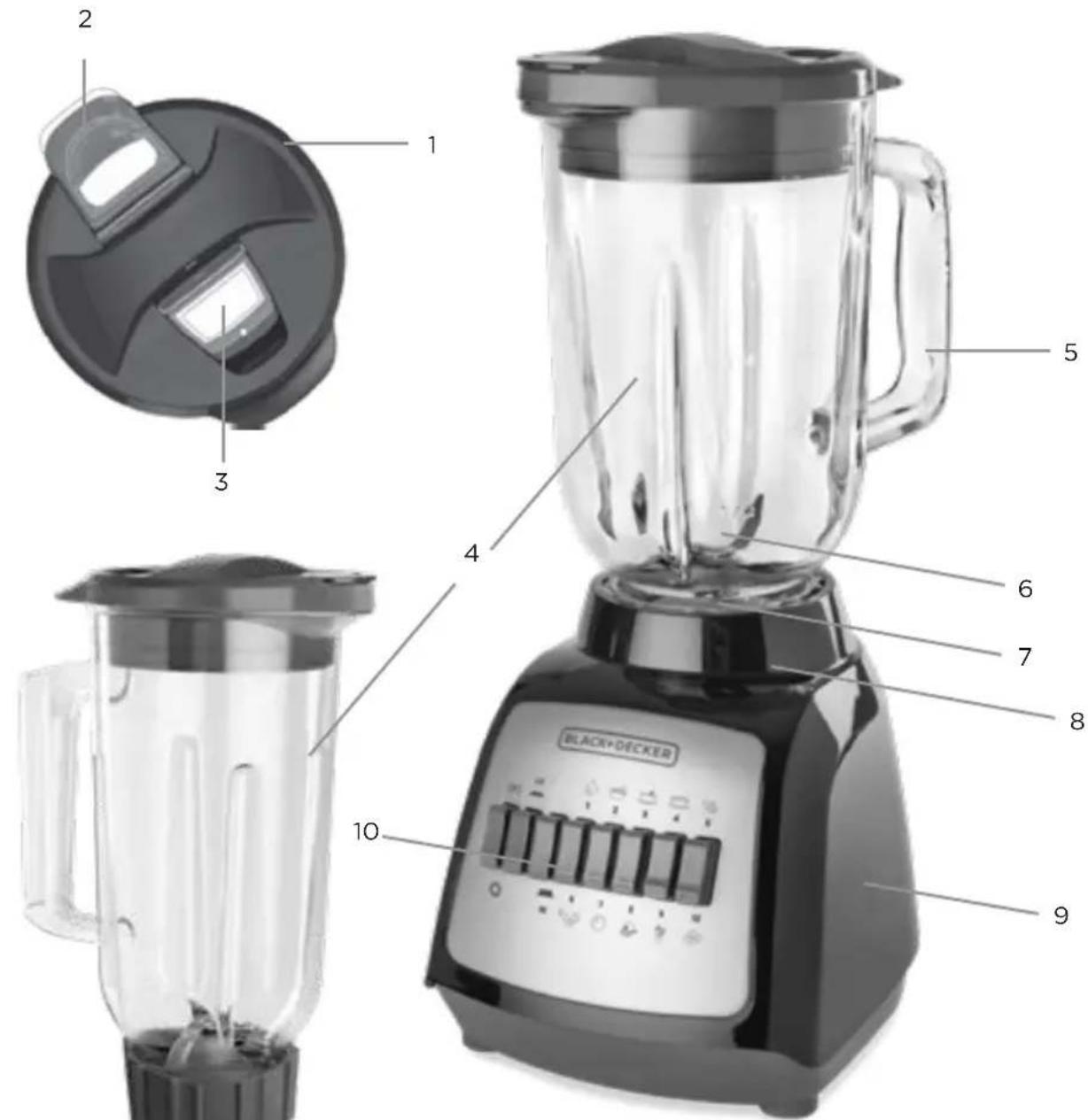 Labeled diagram of a black-and-decker blender with numbered parts for identification