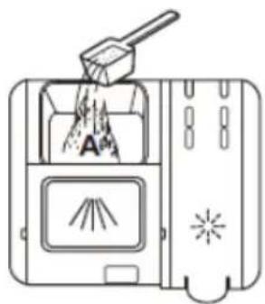 Diagram of a device with labeled components and a hammer, showing internal components like 'A' and light rays.