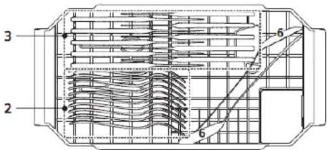 Technical diagram of a heat exchanger or cooling unit with labeled components and internal flow patterns