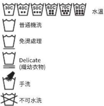 30°C 40°C 50°C 60°C 70°C 95°C 水溫 普通機洗 免燙處理 Delicate (纖幼衣物) 手洗 不可水洗