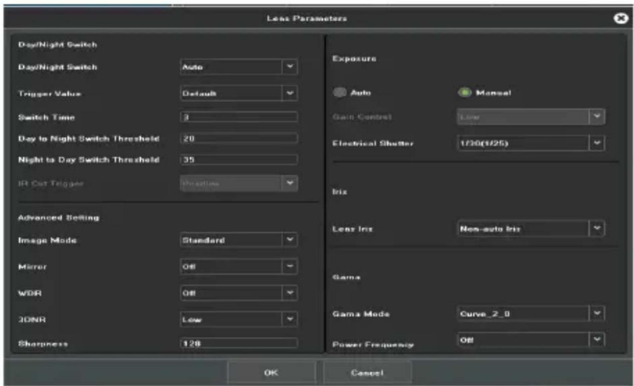 Lens Parameters Day/Night Switch Day/Night Switch Auto Trigger Value Default Switch Time 3 Day to Night Switch Threshold 20 Night to Day Switch Threshold 35 IR Cut Trigger Position Advanced Setting Image Mode Standard Mirror Off WDR Off JONR Low Sharpness 128 Exposure Auto Mansal Gain Control Low Electrical Shutter 1/30(1/25) Irix Lens Irix Non-auto Irix Gama Gama Mode Curve_2_0 Power Frequency Off OK Cancel