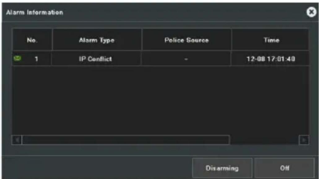Alarm Information No. Alarm Type Police Source Time 1 IP Conflict - 12-08 17:01:40 Dis arming Off