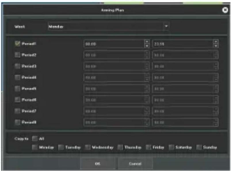 Audio Plan West Window Period1 80.00 23:58 Period2 80.00 96:00 Period3 80.00 89:00 Period4 80.00 96:00 Period5 80.00 96:00 Period6 80.00 96:00 Period7 80.00 89:00 Period8 80.00 96:00 Copy to All Monday Tuesday Wednesday Thursday Friday Saturday Sunday OK Cancel
