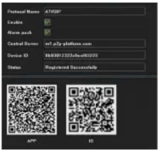 Protocol Name: ATVSP Enable Alarm pack Central Server: av1.p2p-platform.com Device ID: 860012222a8w88008 Status: Registered Successfully APP ID