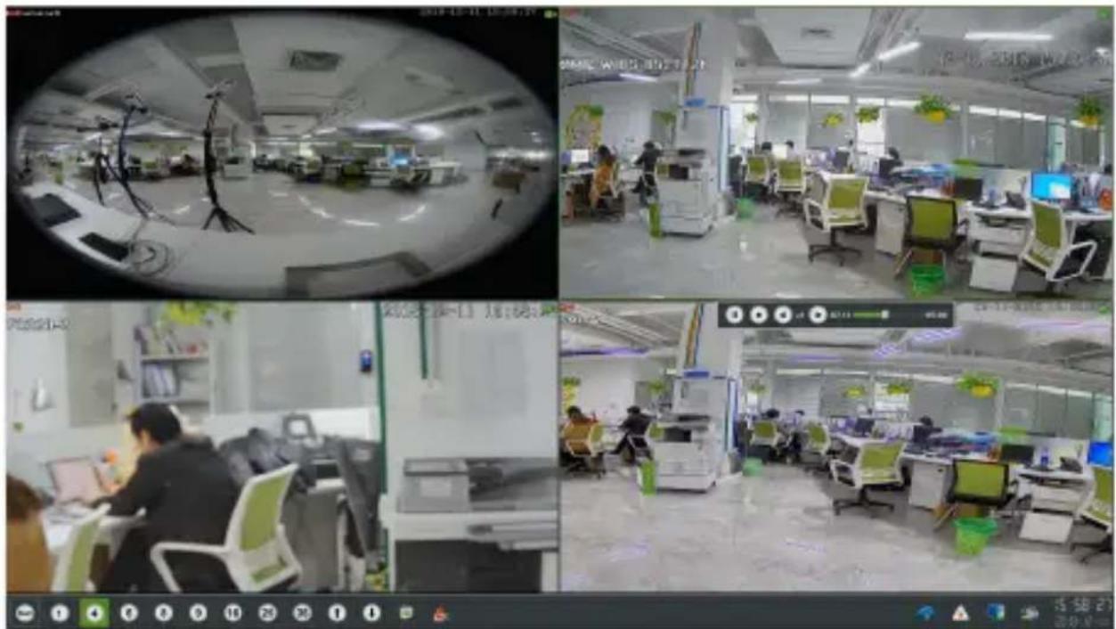 Composite image showing office interior scenes with surveillance camera, computer workstations, and staff at desks, plus a digital interface with Chinese text overlays.