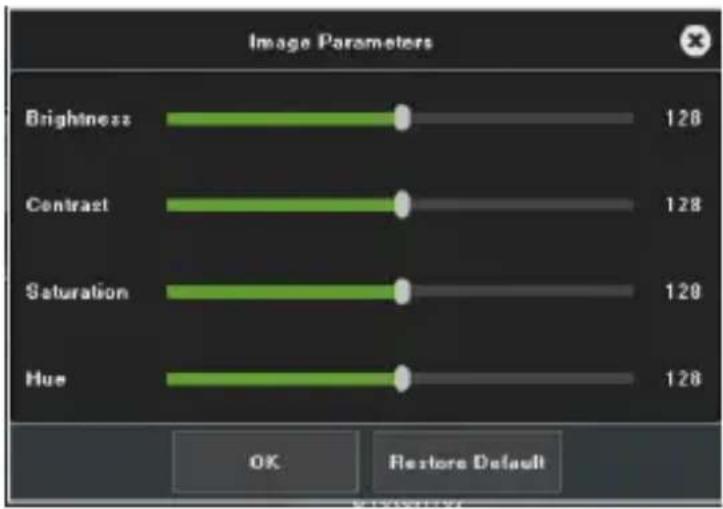 Image Parameters Brightness 128 Contrast 128 Saturation 128 Hue 128 OK Restore Default