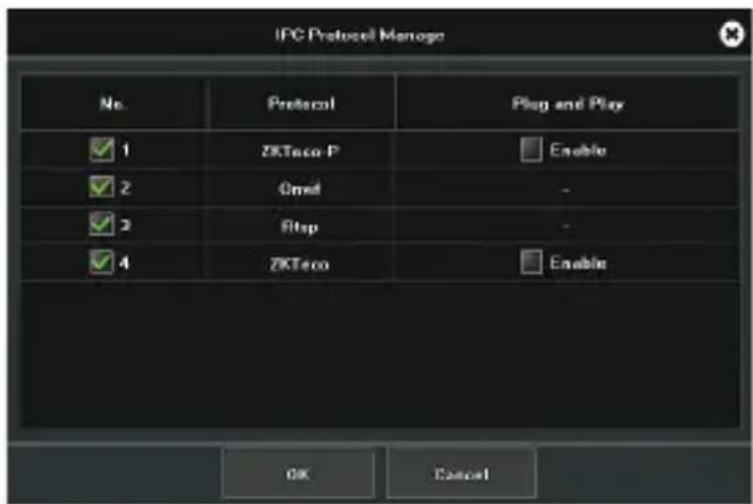 IPC Protocol Manager No. Protocol Plug and Play 1 ZKTeco P Enable 2 Omid - 3 Stop - 4 ZKTeco Enable OK Cancel