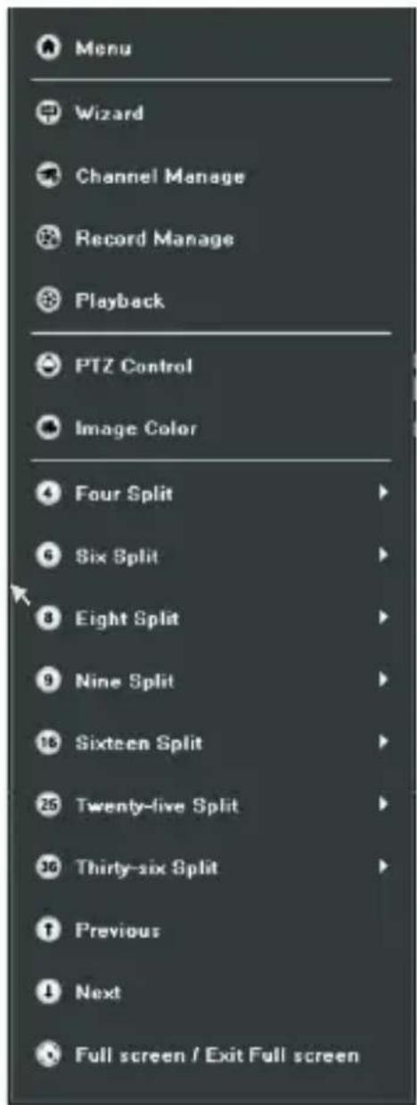Menu Wizard Channel Manage Record Manage Playback PTZ Control Image Color Four Split Six Split Eight Split Nine Split Sixteen Split Twenty-live Split Thirty-six Split Previous Next Full screen / Exit Full screen