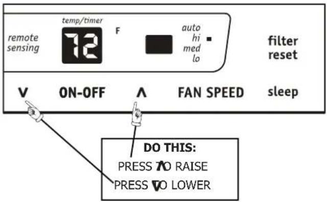 remote sensing temp/timer F auto hi med lo filter reset V ON-OFF ∧ FAN SPEED sleep DO THIS: PRESS TO RAISE PRESS TO LOWER