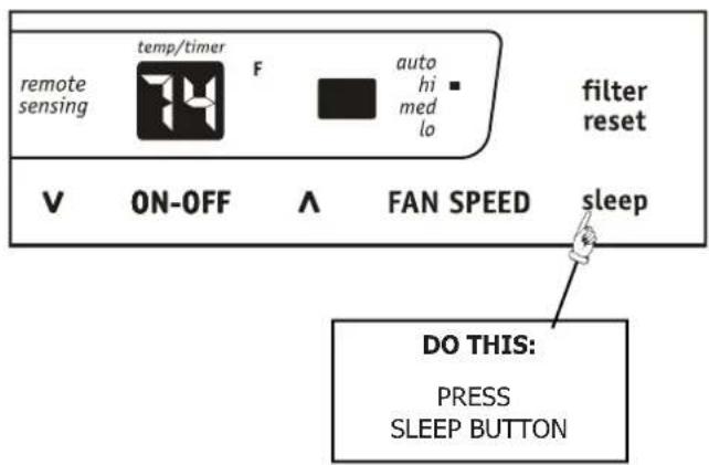 remote sensing temp/timer F auto hi med lo filter reset V ON-OFF ∧ FAN SPEED sleep DO THIS: PRESS SLEEP BUTTON