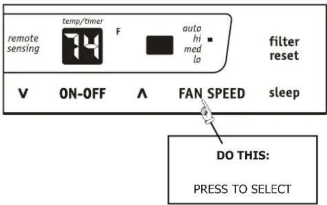 remote sensing temp/timer F auto hi med lo filter reset V ON-OFF ∧ FAN SPEED sleep DO THIS: PRESS TO SELECT