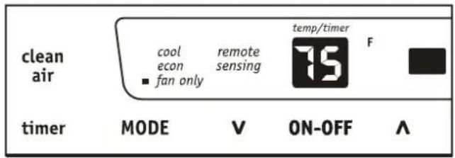 clean air cool econ ■ fan only remote sensing temp/timer 75 F timer MODE V ON-OFF Λ