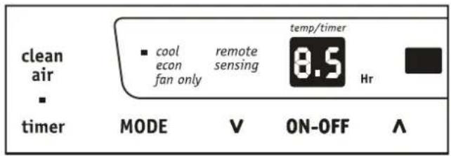 clean air ■ timer ■ cool remote temp/timer econ sensing 8.5 Hr fan only Hr MODE V ON-OFF ∧