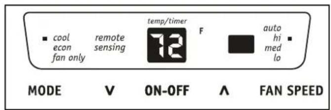 cool remote temp/timer F auto econ sensing 72 hi fan only med lo MODE V ON-OFF ∧ FAN SPEED