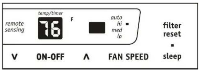 remote sensing temp/timer 76 F auto hi med lo filter reset V ON-OFF ∧ FAN SPEED sleep